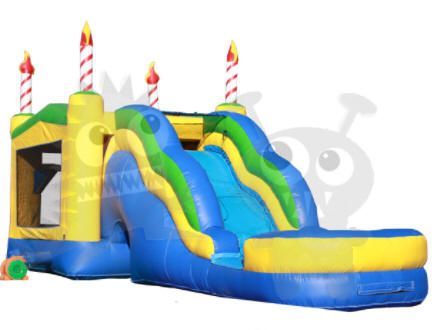 Colorful inflatable slide with yellow, blue, and green lanes and striped candy cane posts