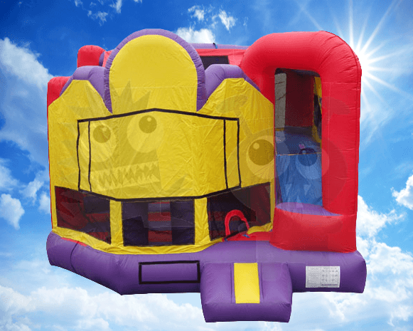 Colorful inflatable bounce house with red, yellow, purple, and blue sections against a sky backdrop