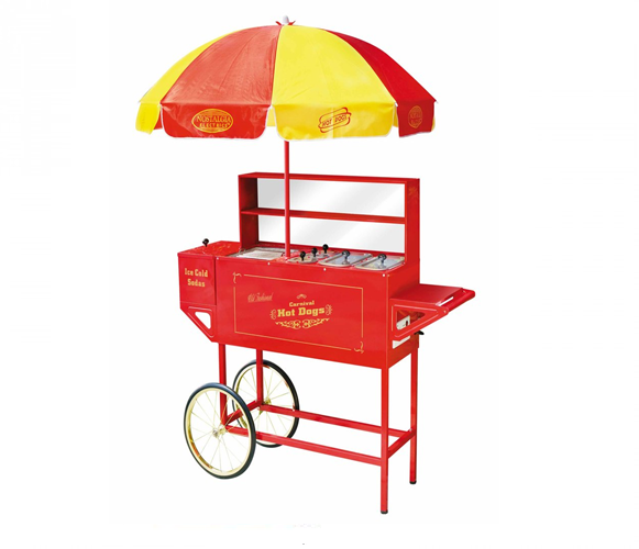 Red and yellow street food cart with umbrella canopy and metal wheels