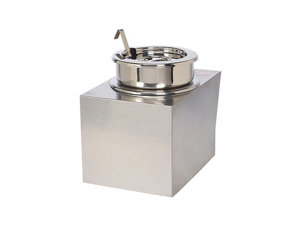 Stainless steel insulated beverage dispenser with a lid and handle on a white background