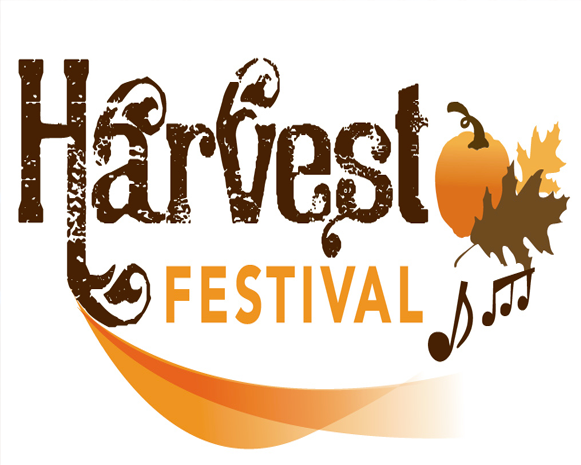 Harvest Festival logo in brown and orange with autumn leaves and musical notes