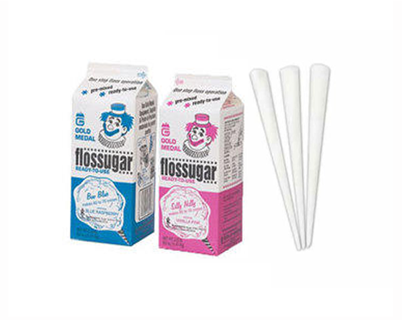 Two flossugar cartons, blue and pink, beside three white flossing sticks