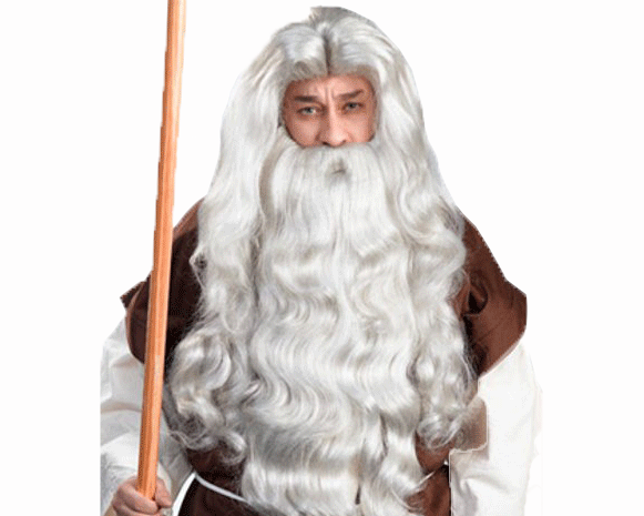 Person in white robe with long gray beard and hair, holding a wooden staff on a white background
