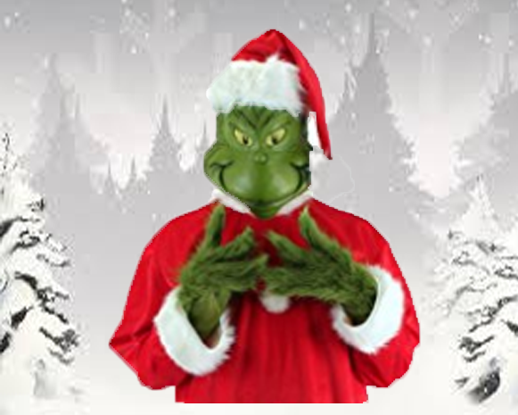 Green Grinch in a red Santa suit and hat, smirking against a snowy winter forest backdrop
