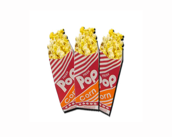 Three popcorn bags with red and orange striped packaging on a white background