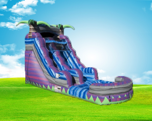 Colorful inflatable water slide with purple, blue, and pink lanes on a green lawn under a blue sky