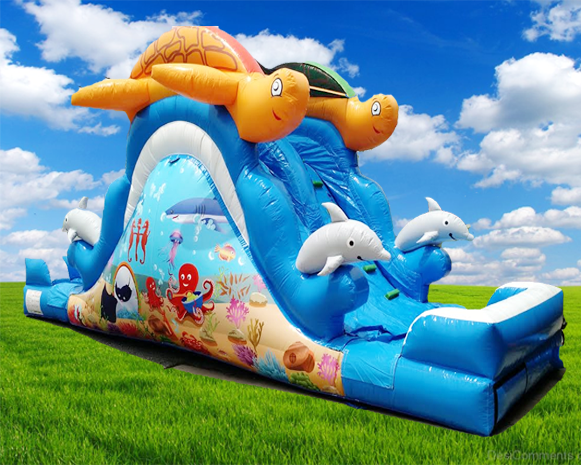 Blue shark-themed inflatable water slide on green grass under a bright cloudy sky