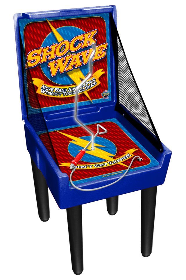 Blue Shock Wave pinball arcade machine with red playfield and black legs, shown at an angle