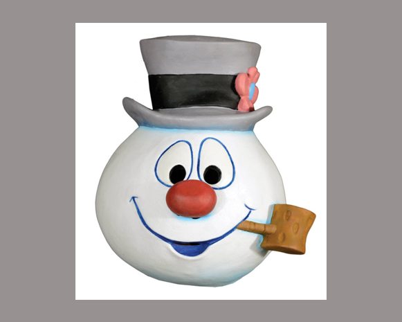 Smiling snowman head with a gray top hat, red nose, and small pipe