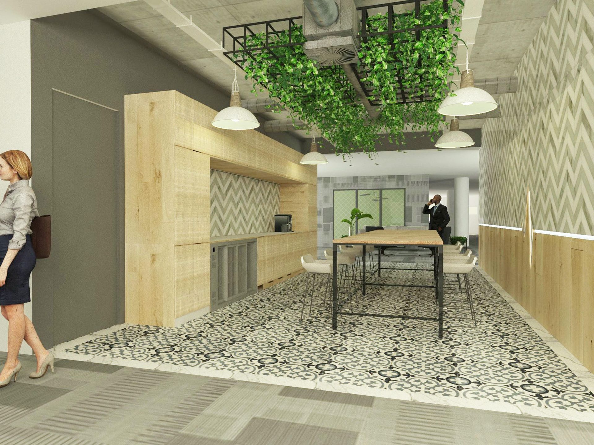 A woman is walking in a room with a table and chairs.