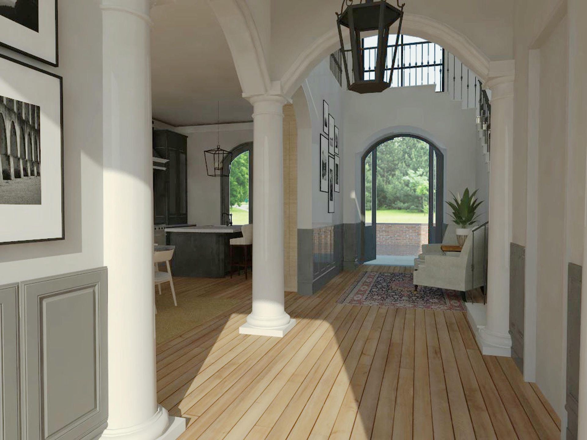 A hallway with wooden floors and columns in a house