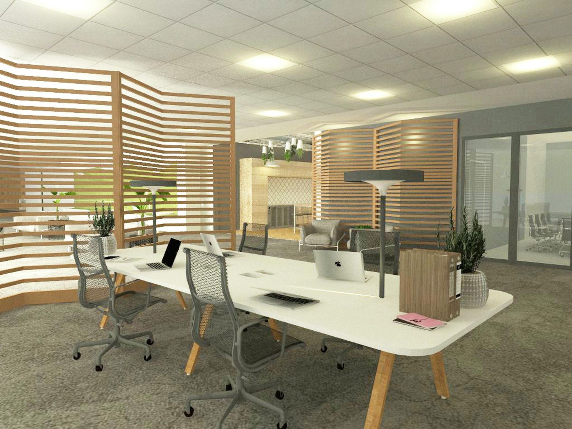 An artist 's impression of an office with a long desk and chairs.