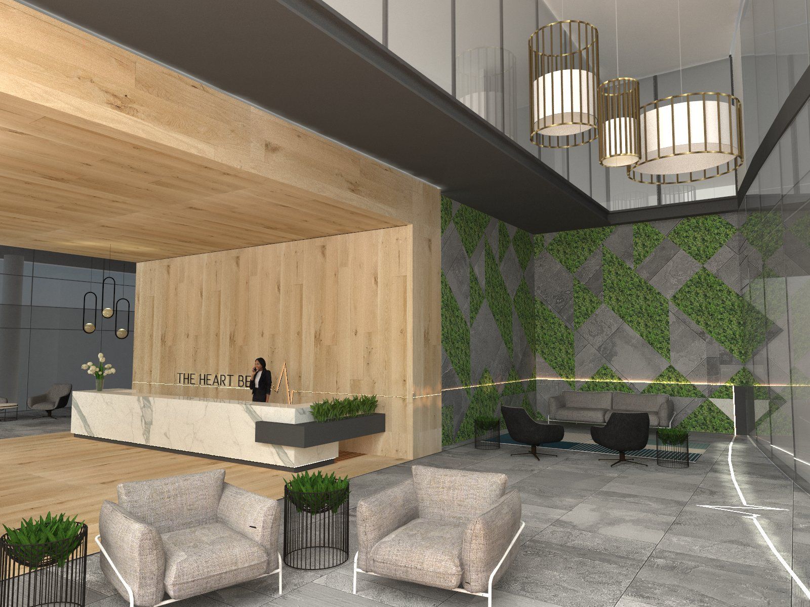 An artist 's impression of a lobby with a reception desk and chairs.
