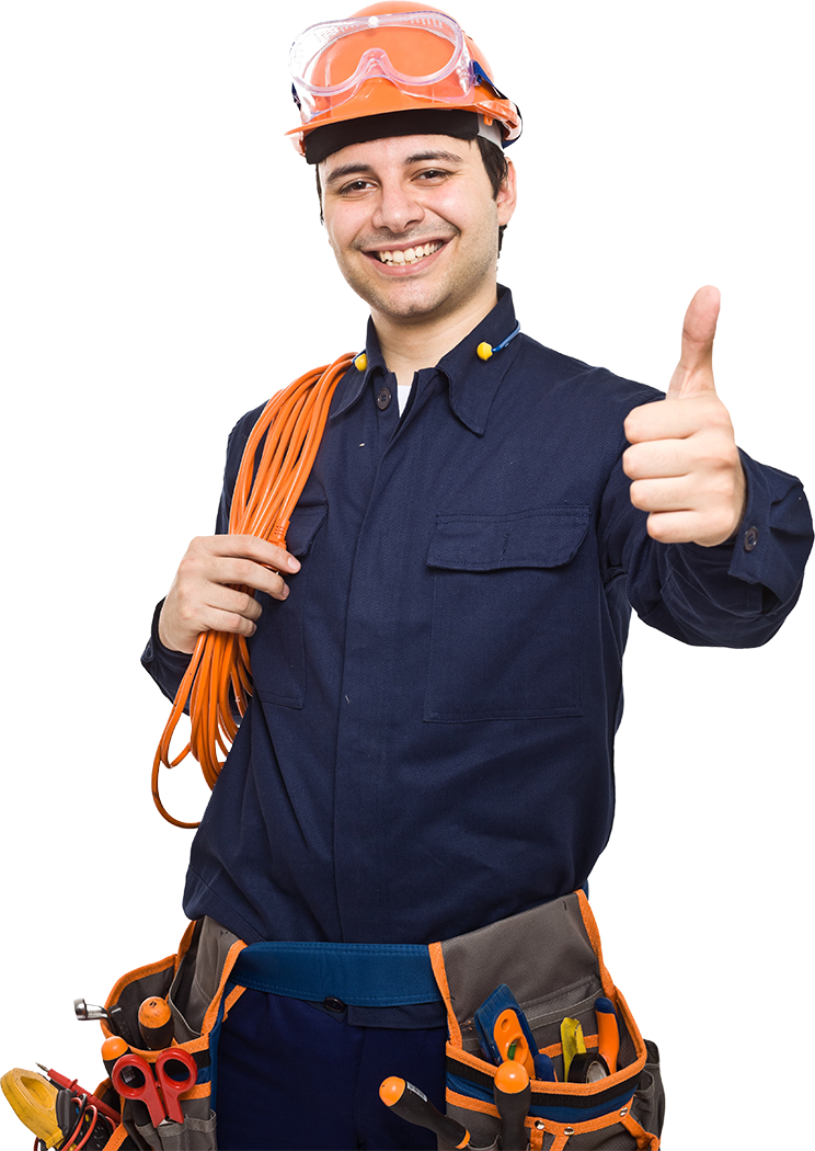 Electrician with hard hat, thumbs up, smiles, holding orange cable, wearing tool belt.
