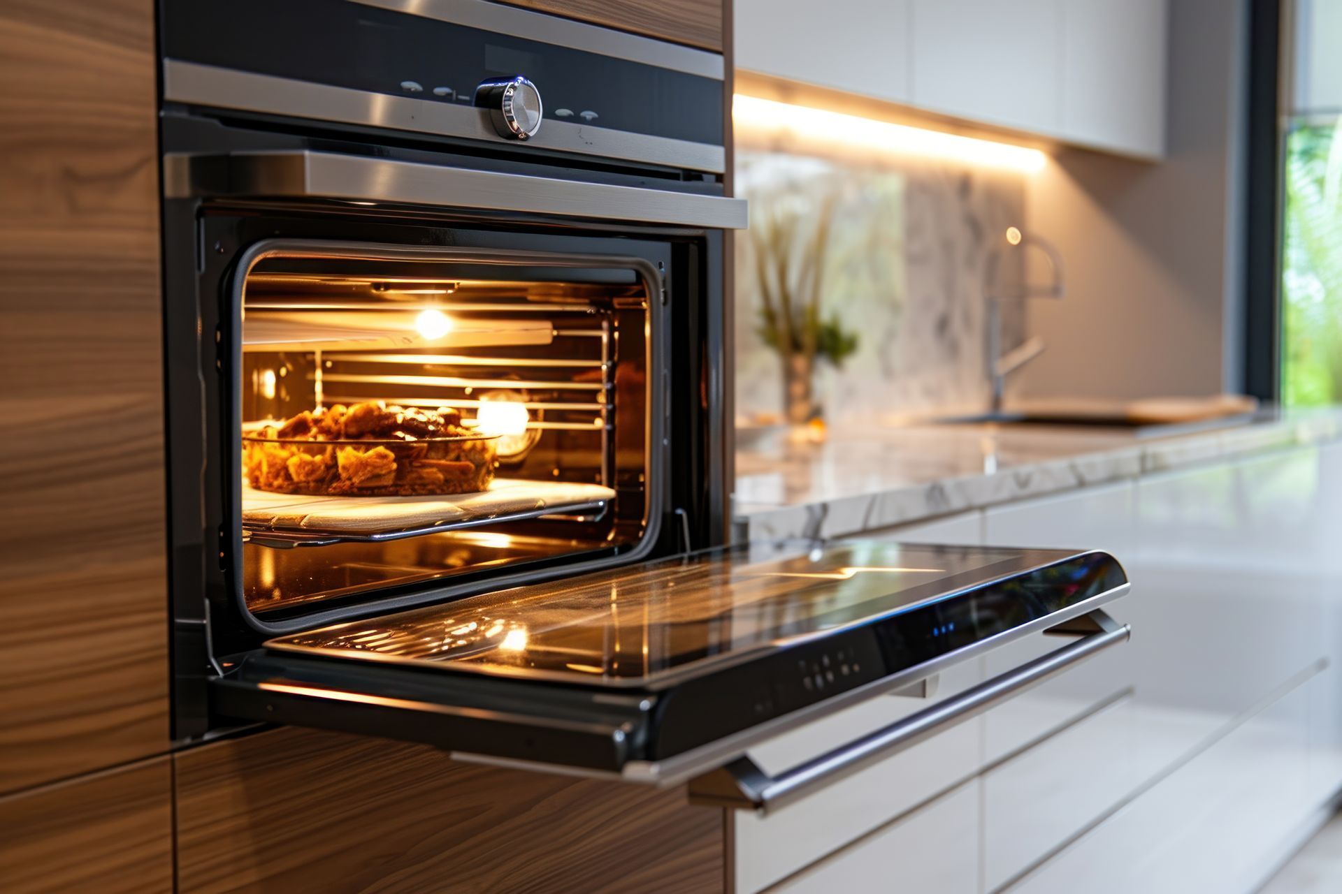 Oven door open, showing food inside, with bright light. Kitchen setting with wood and white cabinets. Oven door open, showing food inside, with bright light. Kitchen setting with wood and white cabinets.