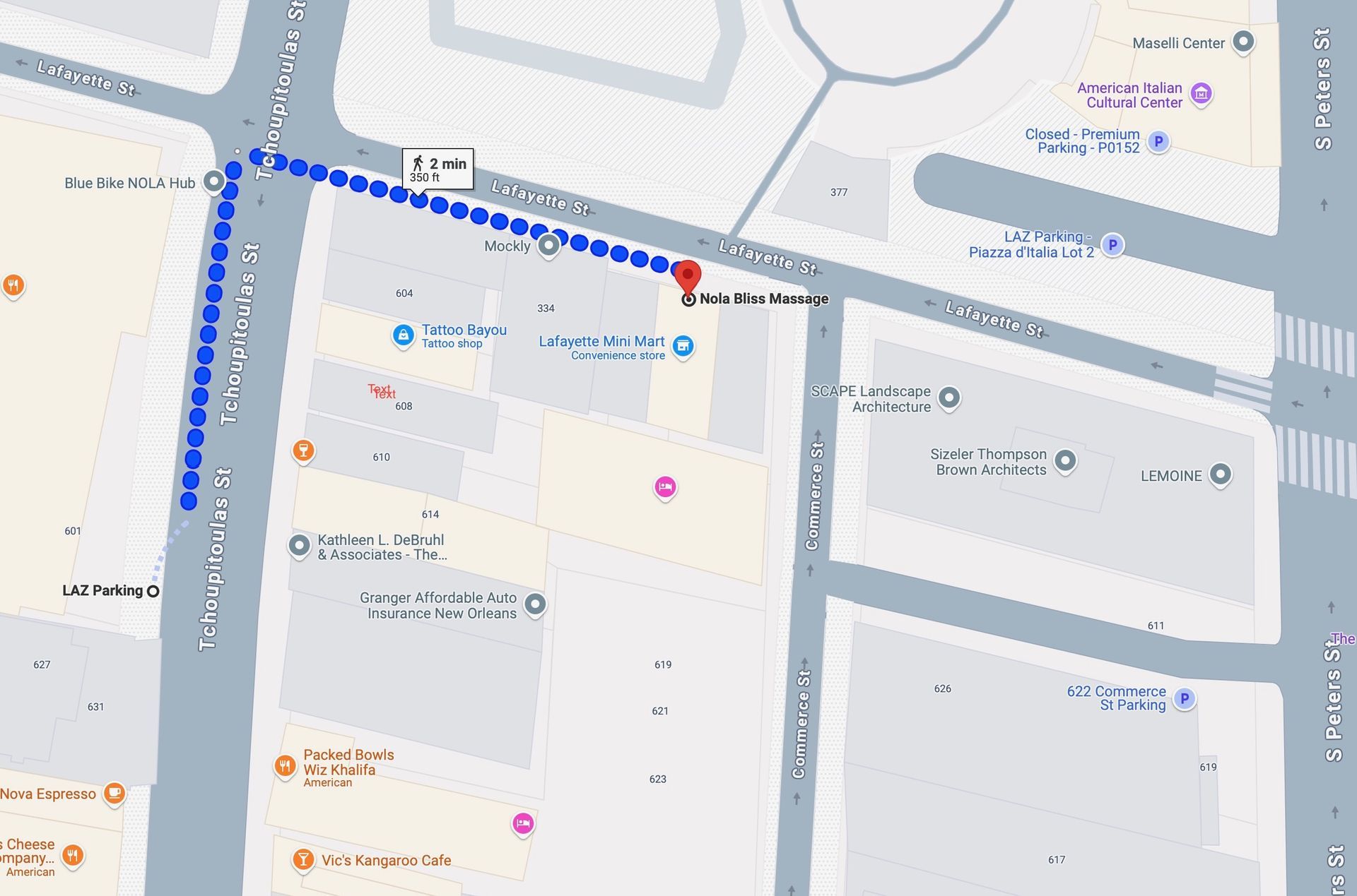 Map view with a blue route line along streets and a red destination pin near the top.