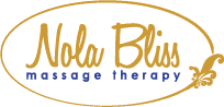 Nola Bliss massage therapy logo in gold script with blue text and floral accent