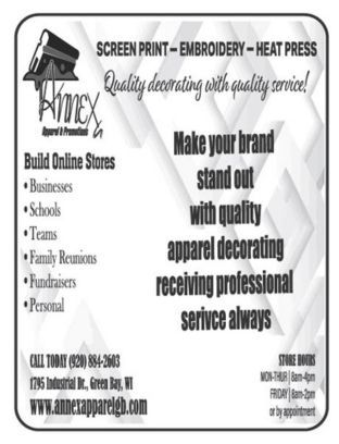 Black-and-white ad for “Anne’s” screen print, embroidery and heat press services, with business types listed.