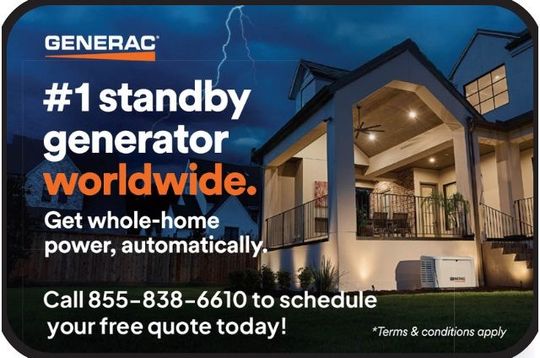 Generac ad for #1 standby generator worldwide, showing a lit house and whole-home power message
