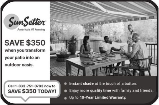 SunSetter patio awning ad with family dining outdoors and “Save $350” offer