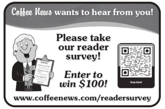 Coffee News reader survey ad with QR code, cartoon host, and “Enter to win $100!”