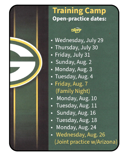 Training camp schedule on dark green poster with dates in yellow and white text.