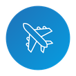 White outline of airplane inside a blue gradient circle.