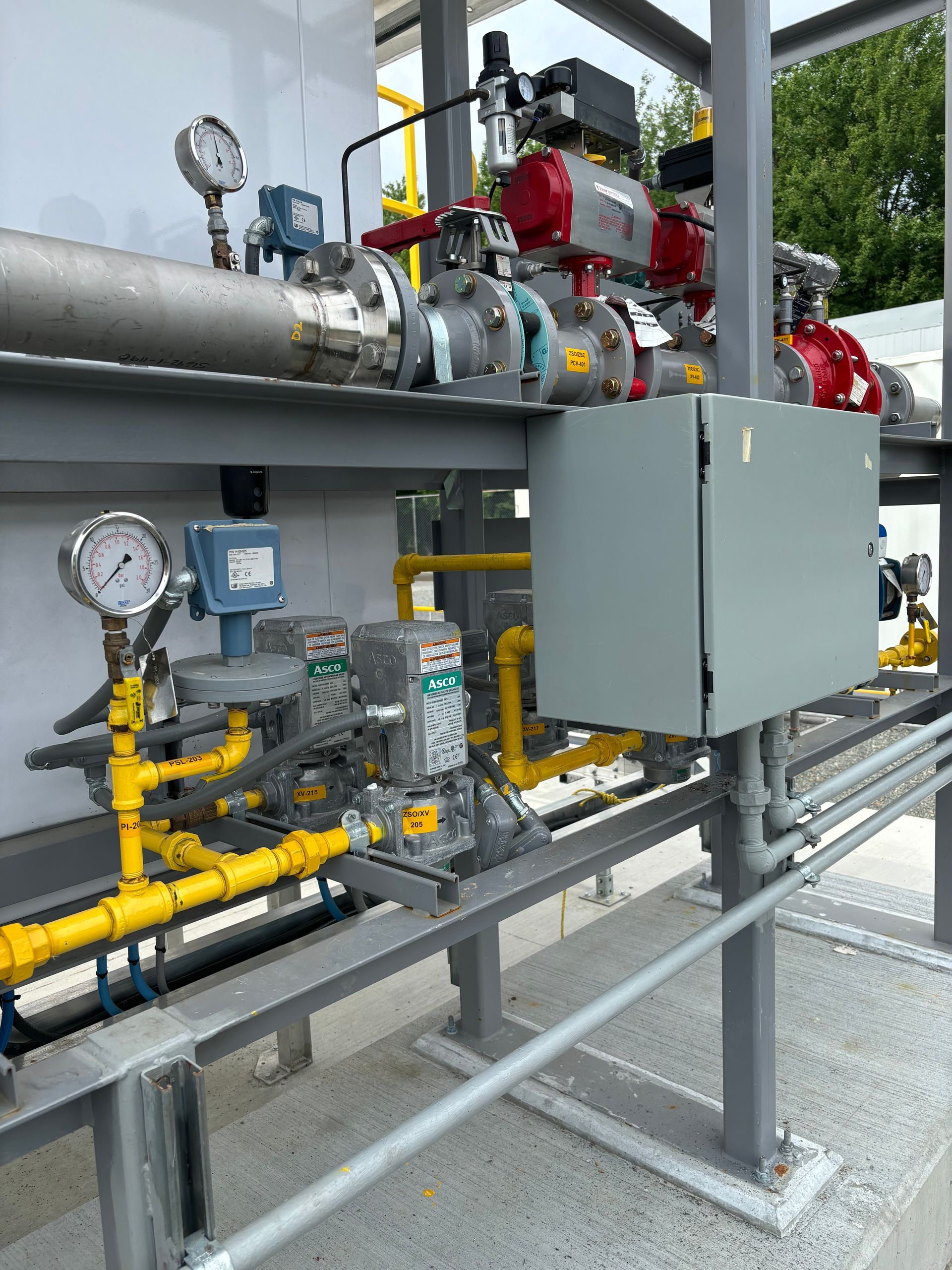Industrial gas piping with gauges, valves, and electrical panel, outdoors. Yellow and silver pipes.