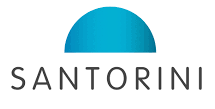 A logo for santorini with a blue circle in the middle.