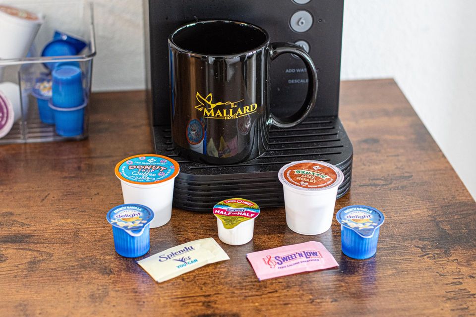 Coffee machine with different coffee sachets provide at The Mallard Hotel in Blue Ridge, GA