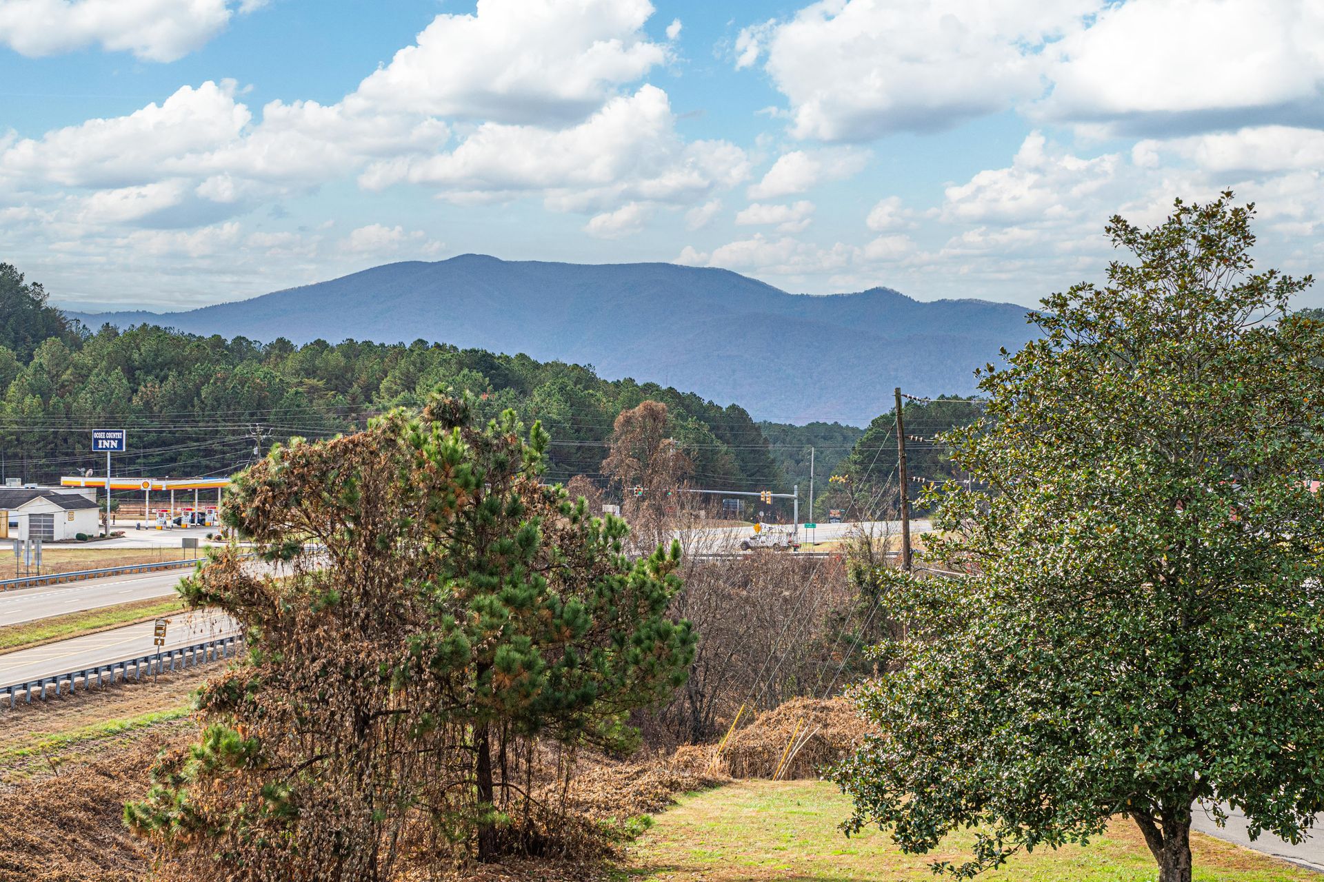 Scenic view of mountains and trees under a cloudy sky.