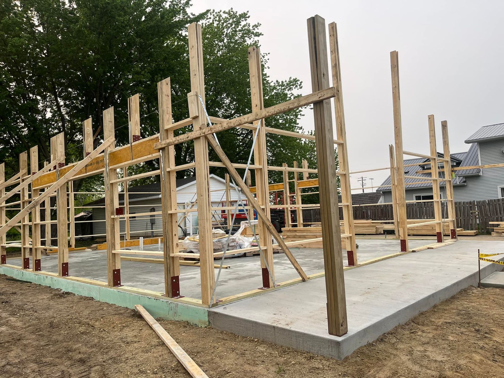 This picture shows a concrete foundation in process for a new construction. 