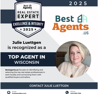 Best Agents 2025 award graphic for Julie Luetgen, “Top Agent in Wisconsin,” with portrait and real estate badge