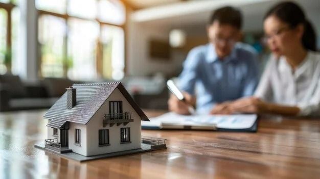 Miniature house model on a table with two blurred people discussing documents in the background