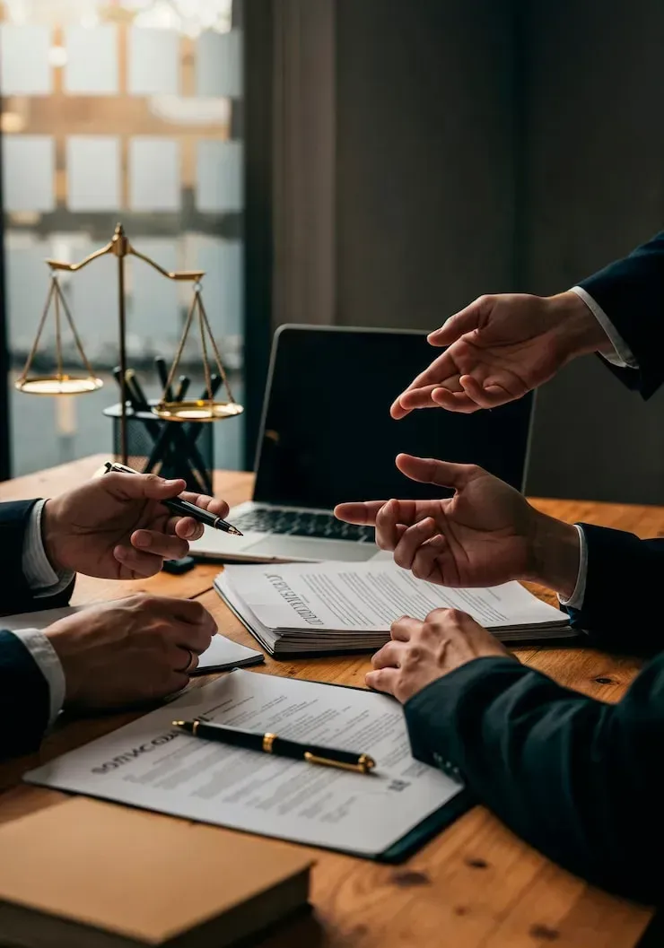 Hands pointing at documents on a table, with a laptop, scales, and pens. Legal setting.