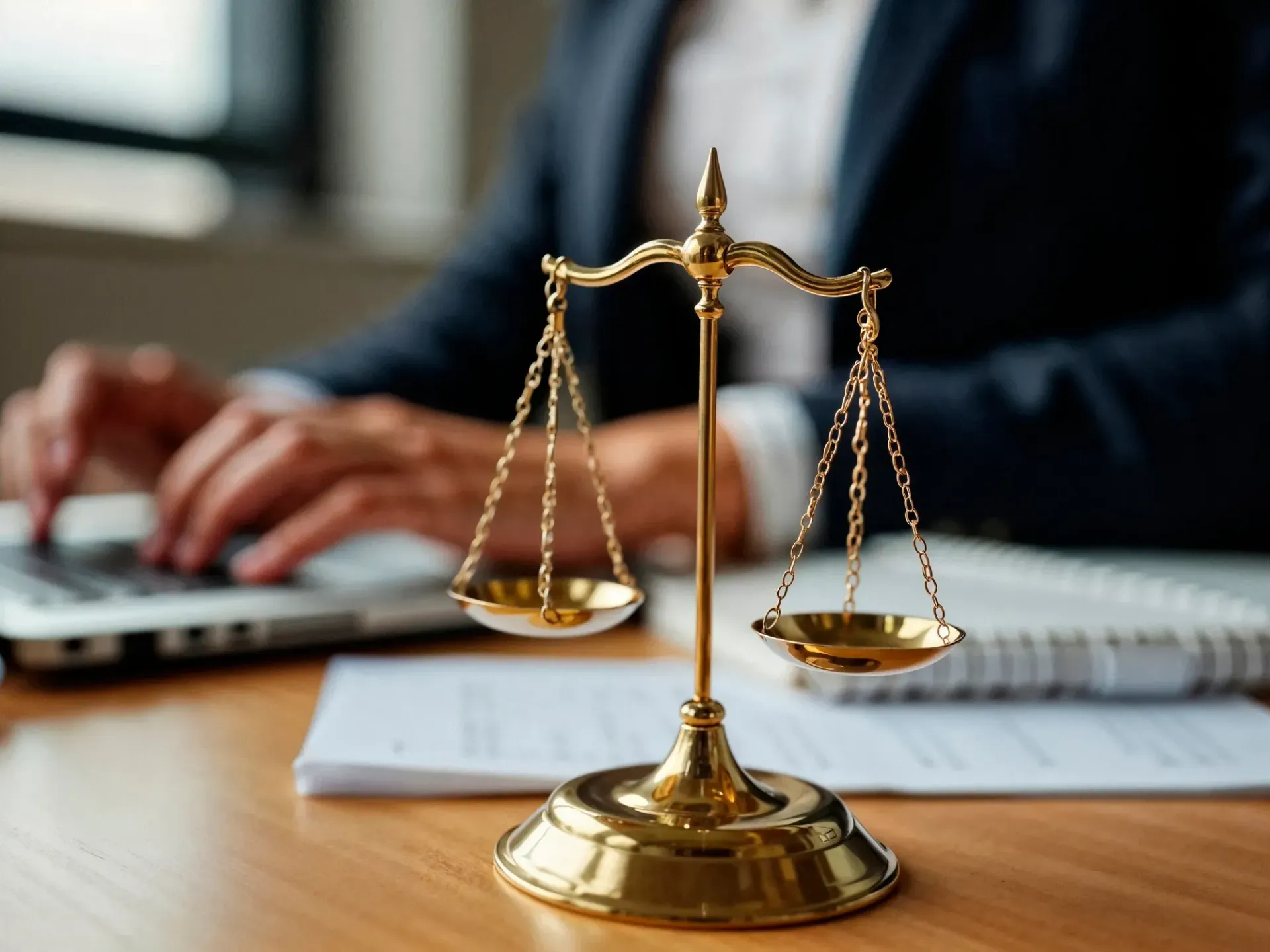Gold scales of justice on a desk with a person typing on a laptop in the background.