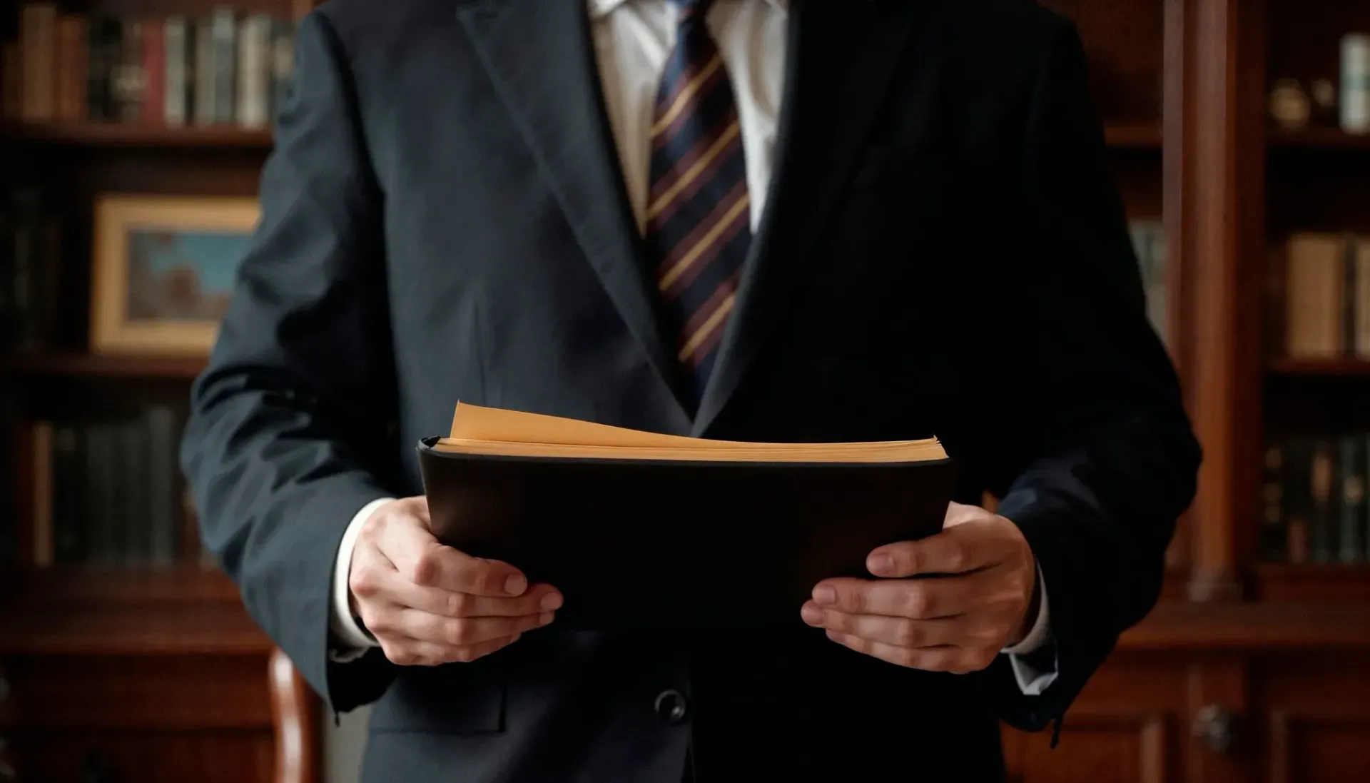 Person in a suit holding open book with a library backdrop.