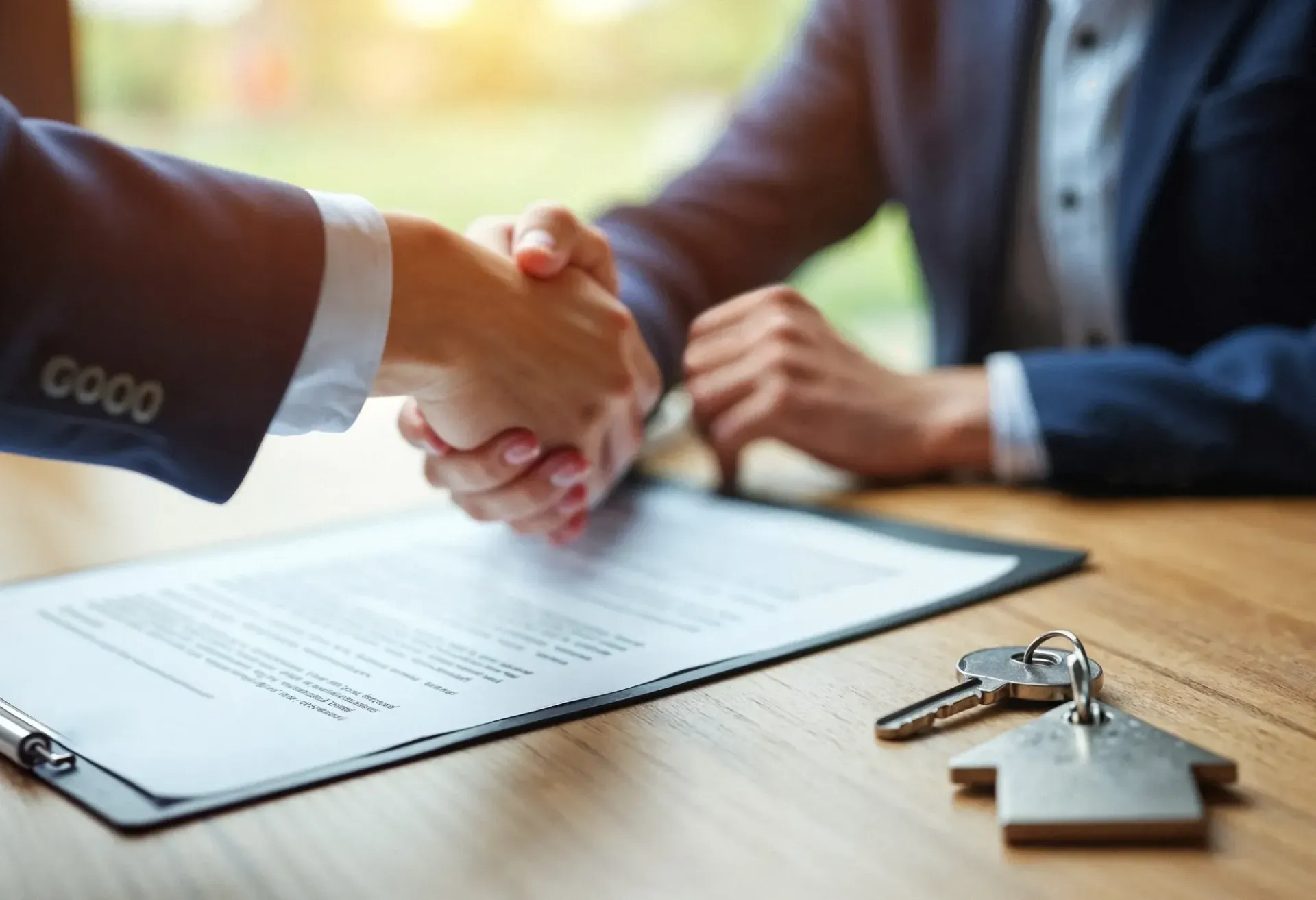 Two people shaking hands over a real estate contract with house keys on a wooden table.