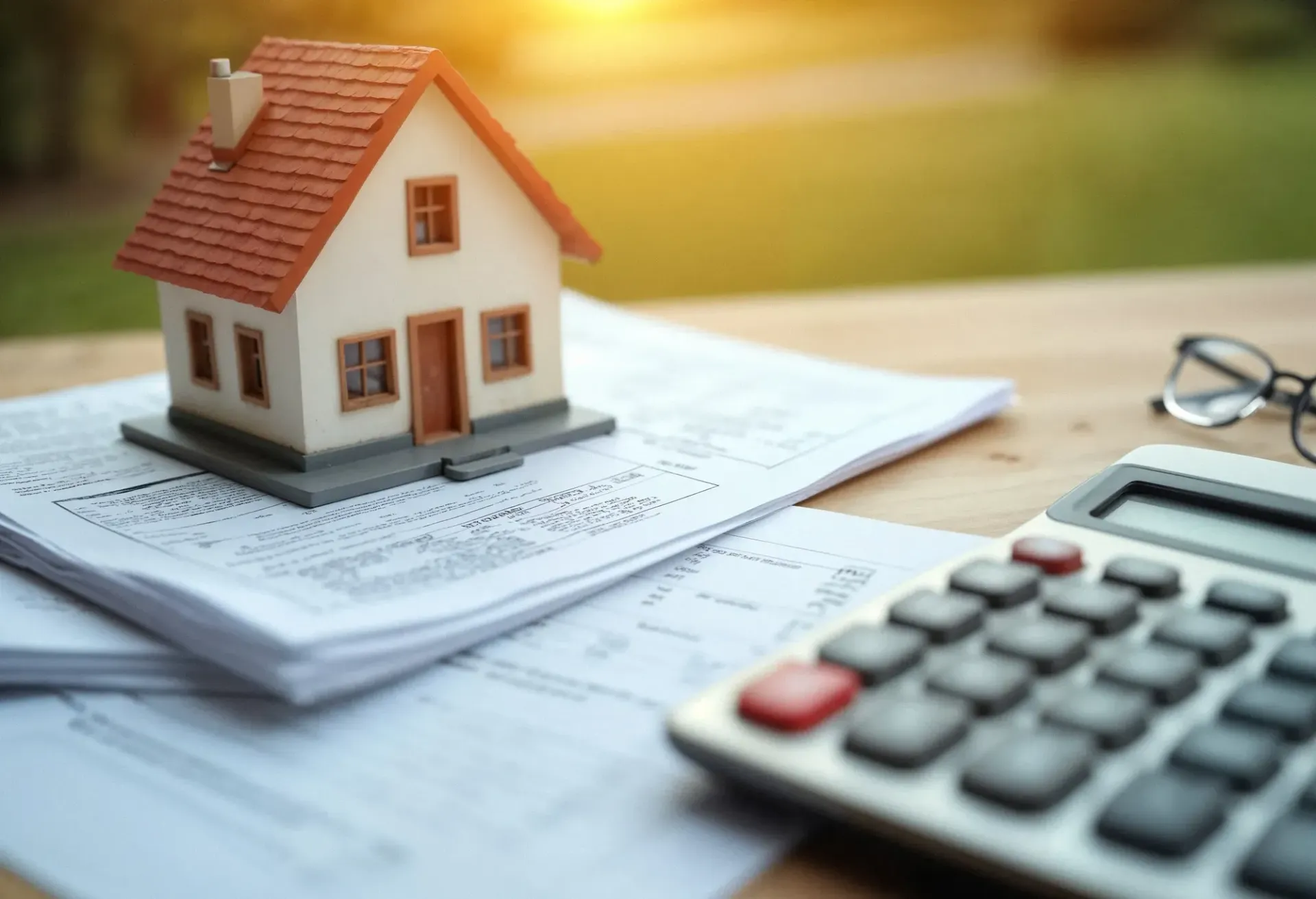 Miniature house on paperwork with calculator and glasses, symbolizing home finances.
