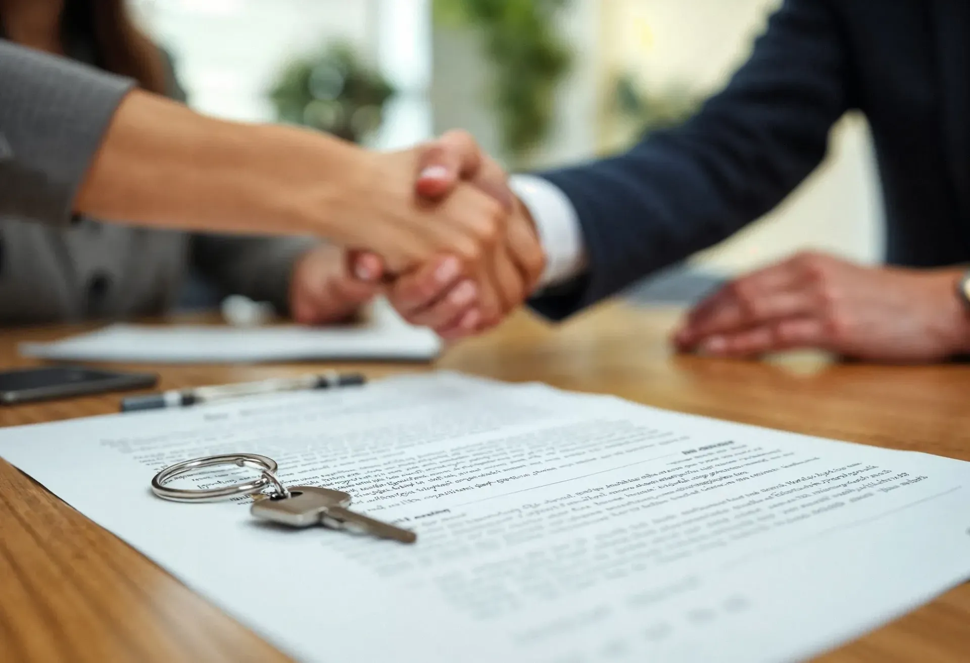 Handshake over signed document; house keys on table.