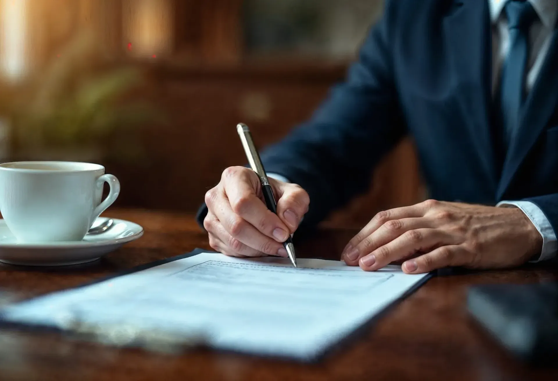 Man in suit signing a document at a wooden table, coffee cup in the background.