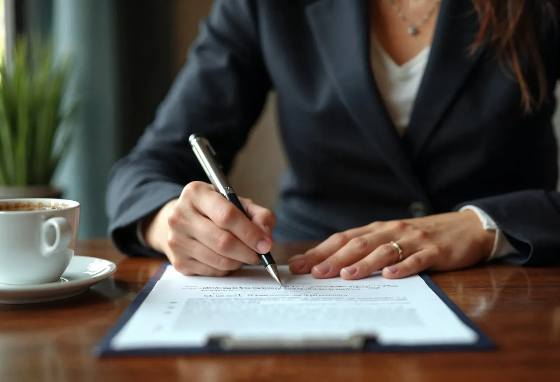 Woman in business suit signing a document with pen at a table; coffee cup present.