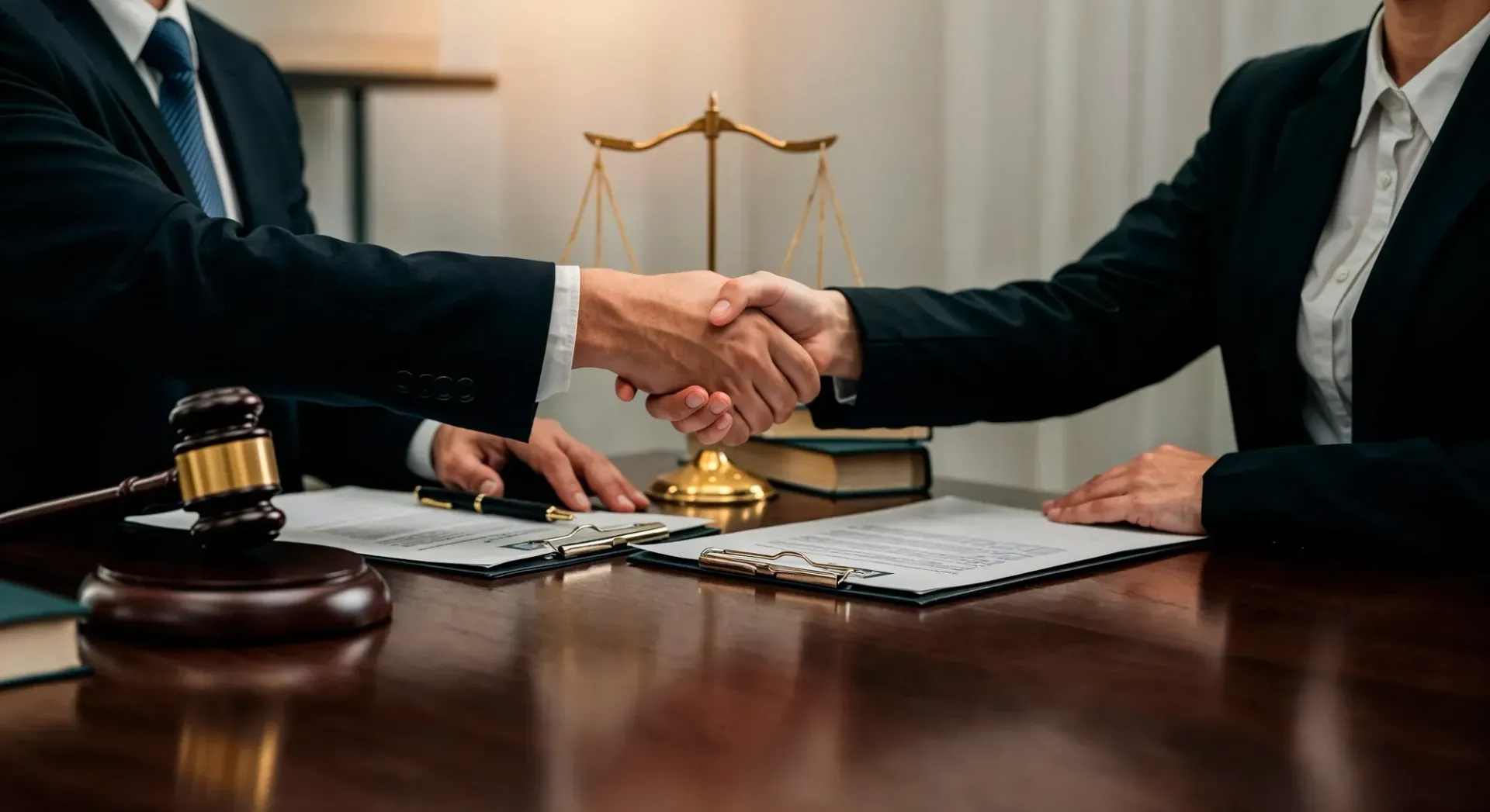 Two people in suits shaking hands at a table with legal documents, a gavel, and scales of justice.