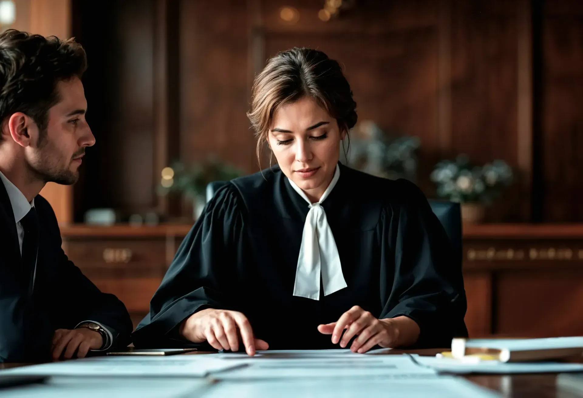 A person in a judicial robe reviews documents, seated with a person in a suit, in a wood-paneled office.