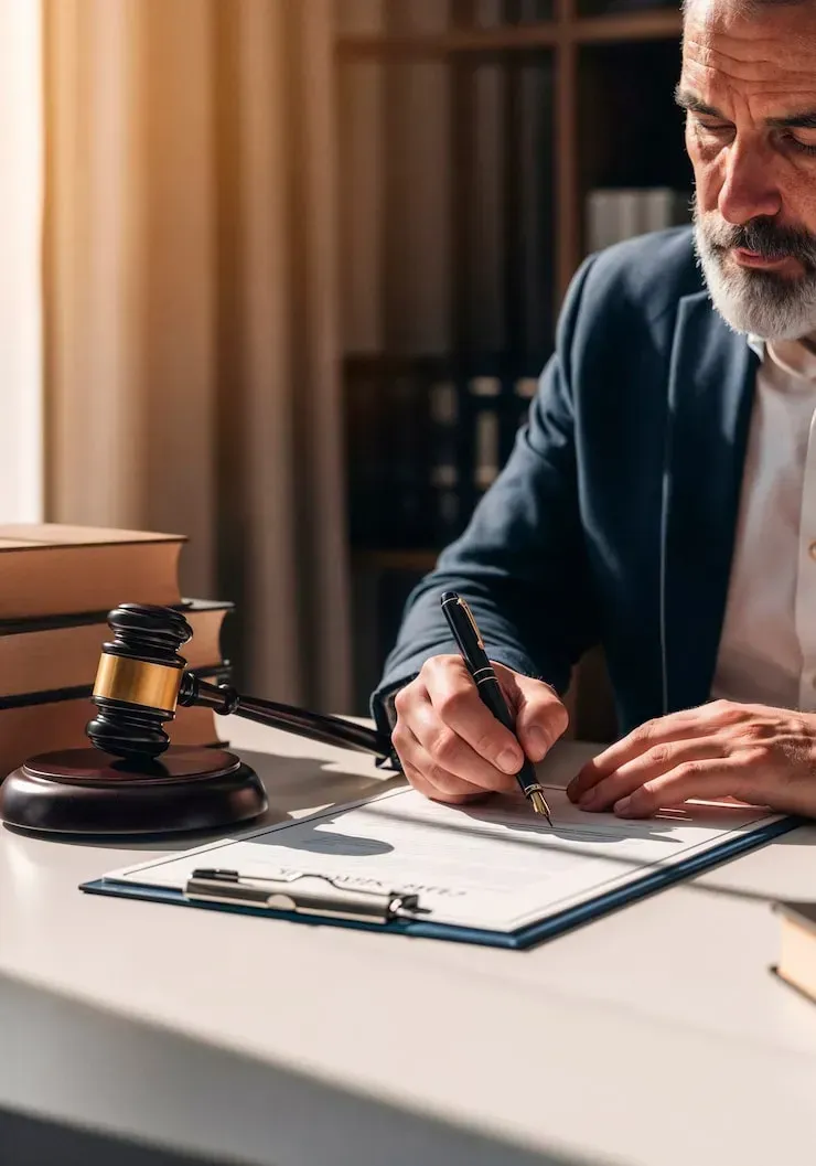 Man in a suit signing documents at a desk, gavel and books to the side.