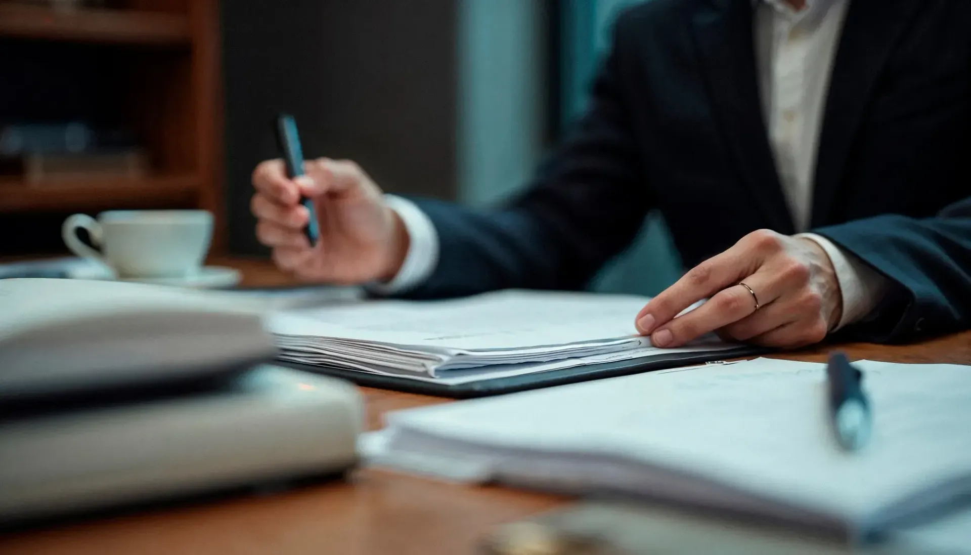 Person in suit reviews documents at desk, holding a pen near a stack of papers and a coffee cup.