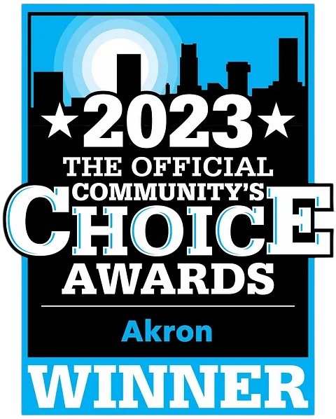 2023 Community's Choice Awards winner logo for Akron. Features a cityscape silhouette, blue and white text.