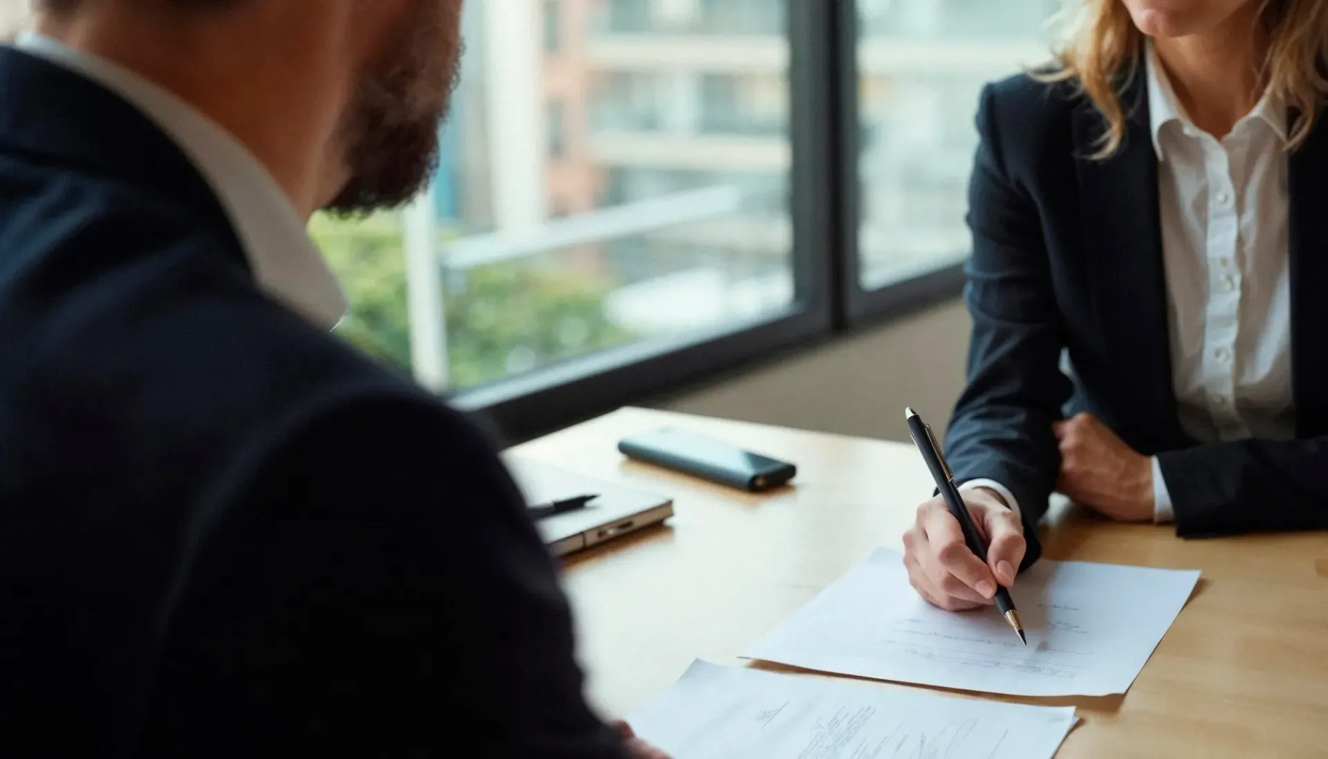 Woman writing at a desk, across from a person in a suit. Documents and phone are on the desk.