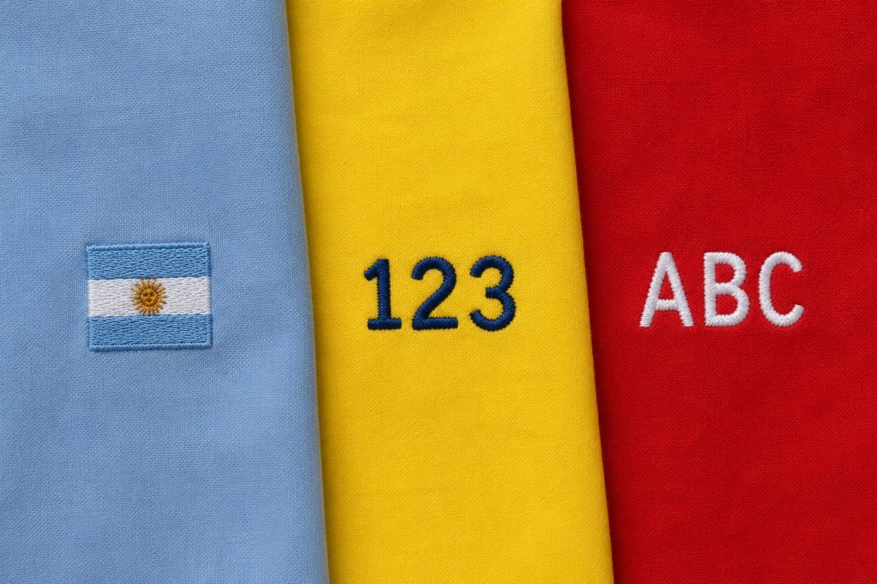 Parches bordados variados en camisas dobladas, incluyendo prendas rojas, azules y verde oliva con letras y una bandera estadounidense.