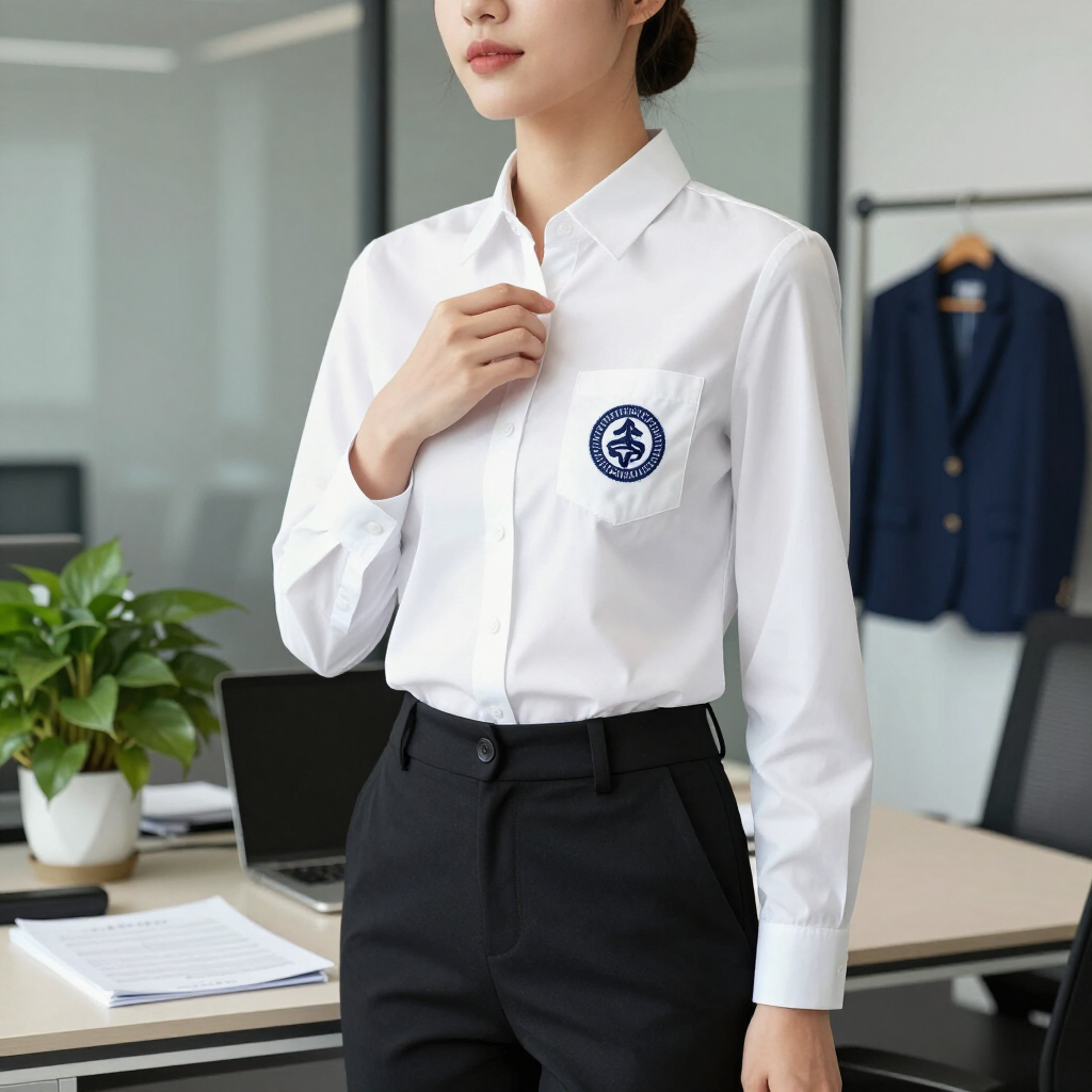 Una persona vestida con camisa blanca y pantalón negro está de pie en una oficina, ajustándose el cuello de la camisa.